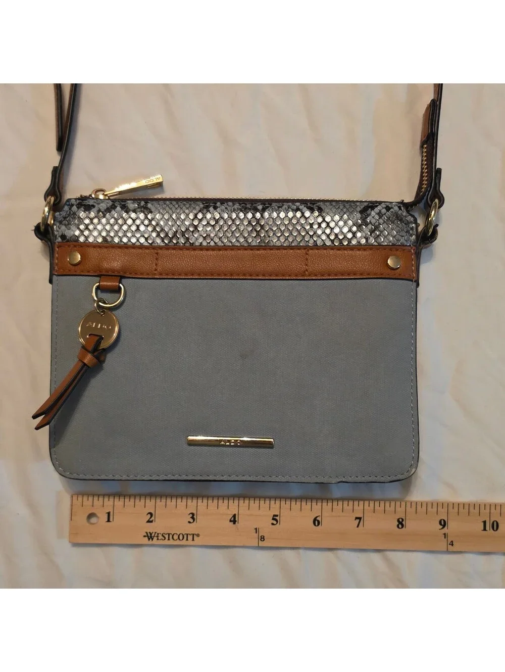 ALDO Gray Snake Print Crossbody Bag Brown Trim Gold Hardware Adjustable Strap